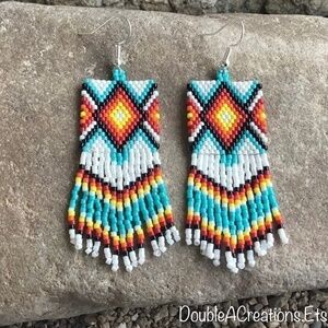 Native Diamond Beaded Earrings, New, Handmade by Me